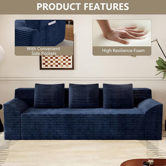 71 Love Seat Couches Corduroy Boneless Loveseat with Deep Seats 2 Seat Couch Apartment Size Couch with 3 Pillows&ampSide Pockets for Bedroom Office No Assembly Required Blue