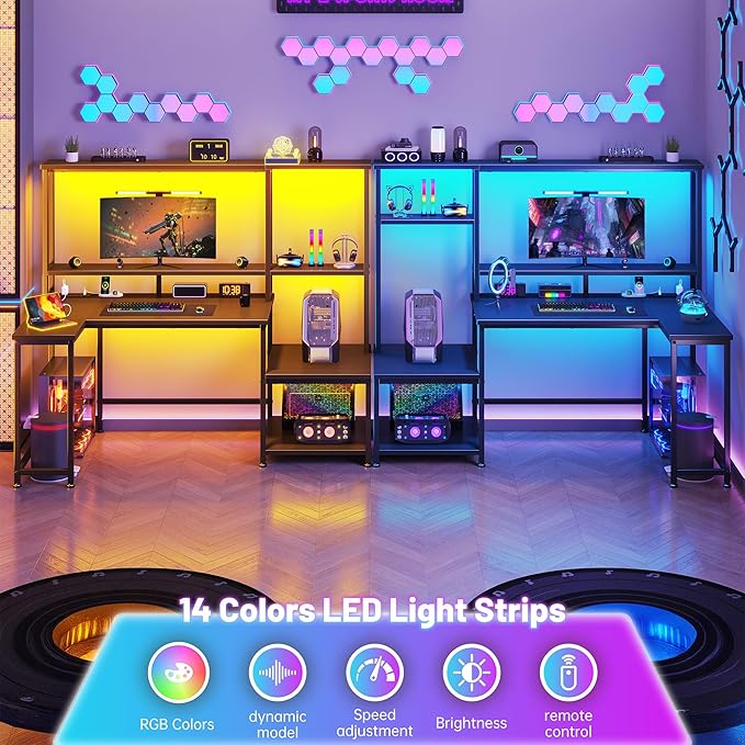 Gaming Desk with LED Lights &amp Outlets55 L Shaped Computer Desk with Shelves &amp Storage HutchReversible Corner Gaming Table with Printer Space &amp Monitor Stand for Home OfficeBlack