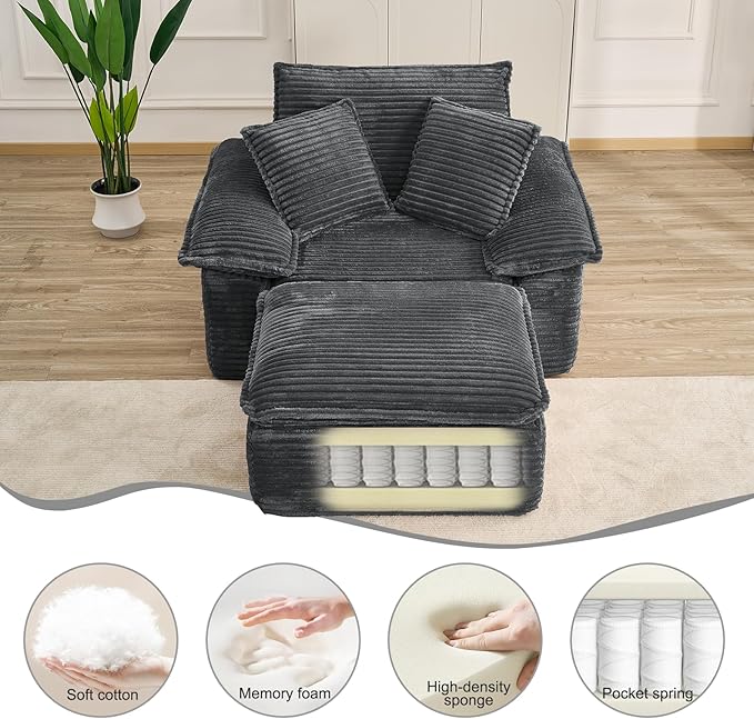 Convertible Sofa BedSleeper Sofa with Deep SeatComfy Corduroy Fluffy Boneless Couch with Movable OttomanCloud Couch for Small PlaceNo Assembly Required.（SingleDark Gray）
