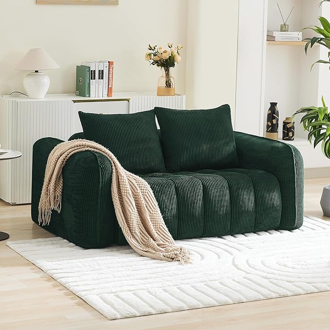 66'' Boneless Corduroy Loveseat Sofa 2 Seater Tufted Deep Seat Couch with Rounded Armrest Upholstered Cloud Couch for Living Room Bedroom No Assembly Green