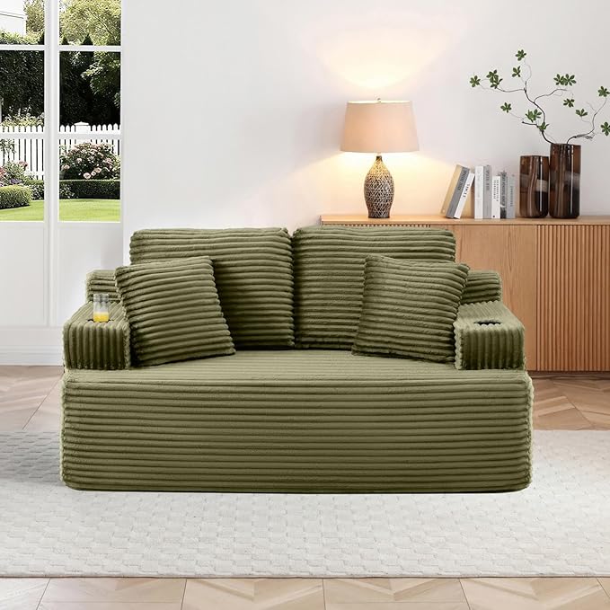 66.5 Cloud Loveseat Boneless Sofa Couch in a Box 2 Seater Foam Compression Couches Modern Living Room Floor Sofa Couch Corduroy Small Love Seat No Assembly Required Green