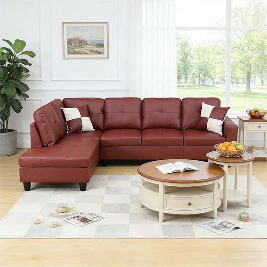 103.5 Inch Modern L-Shaped Couch Faux Leather Sectional Sofa with Chaise Lounge 4-Seater Couch with Accent Pillows for Living Room Apartment Dark Red