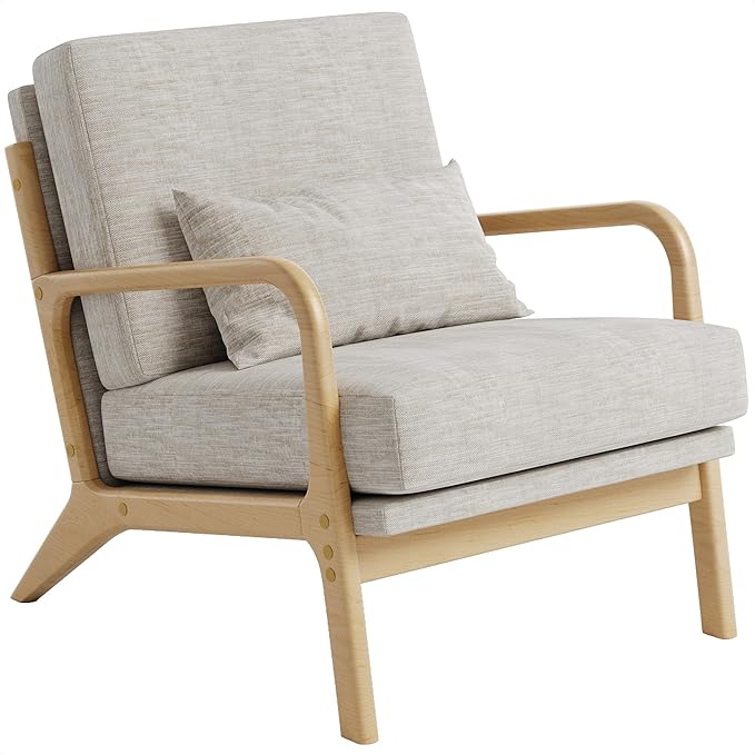 Claiks Mid-Century Modern Accent Chair Living Room Armchair with Solid Wood Frame &amp Lumbar Pillow Comfy Upholstered Lounge Chair for Bedroom Office Linen-Like Fabric Light Gray