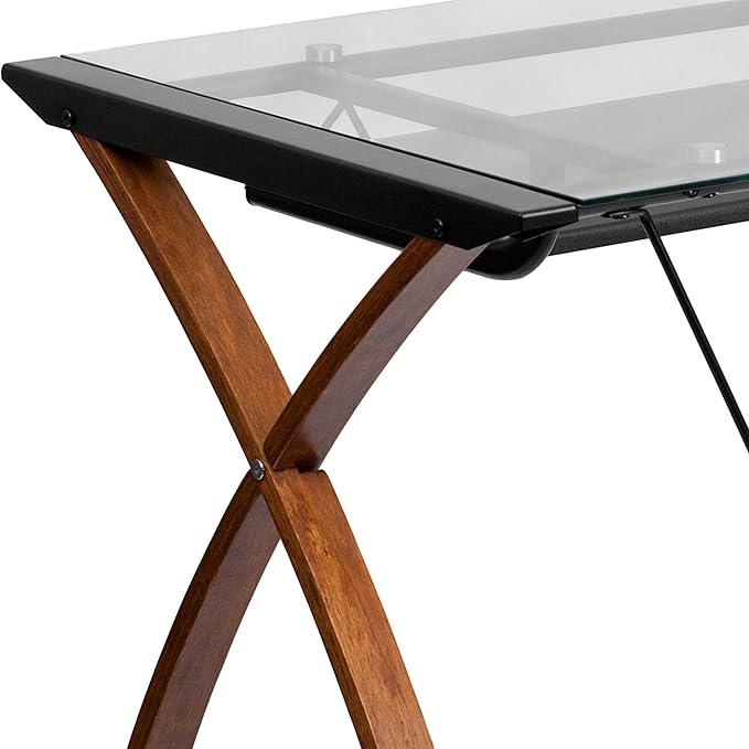 Flash Furniture Jude Tempered Glass Computer Desk with Pull-Out Keyboard Tray and Crisscross Frame Small Computer Desk for Home Office Cherry/Clear