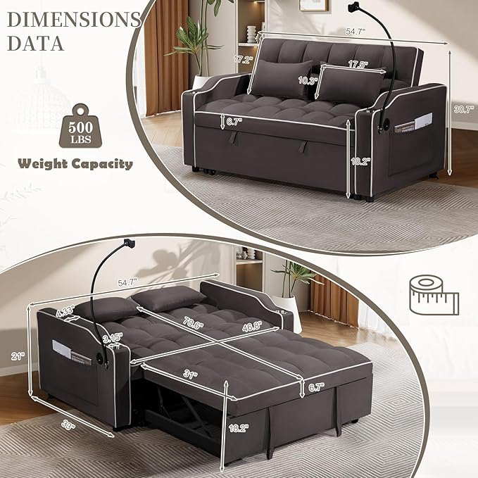 JEEOEHY 3 in 1 Convertible Sleeper Sofa BedVelvet Pull Out Couch Bed w USB&ampType C PortComfy Futon Loveseat with Adjustable Backrest&ampPhone Holder for Living Room Apartment Small Space(Brown)