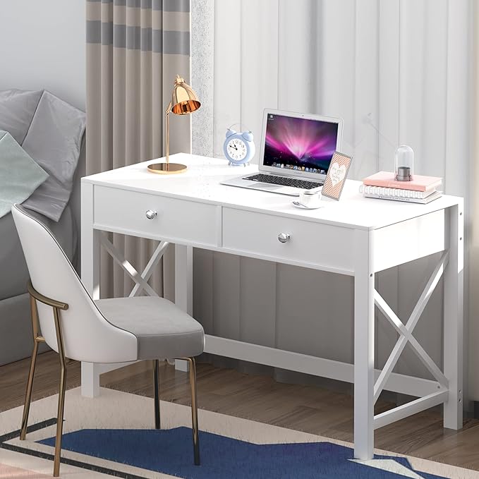 WiberWi Home Office Desk with Drawers White Modern Writing Computer Desk Small Makeup Vanity Table for Bedroom Study Table for Home Office