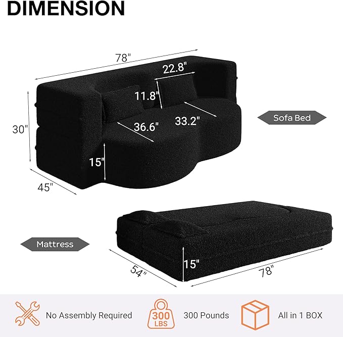 Folding Sofa Bed15 Full Size Boneless Couch for Living Room Teddy Fabric Foam-Filled Convertible Loveseat Sleeper Sofa Bed (Black-Teddy)