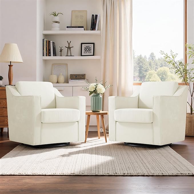 Swivel Accent Chair Modern Round Barrel Arm Chair for Living Room Bedroom Comfy Club Reading Chairs for Adults (Chenille Beige Set of 2)