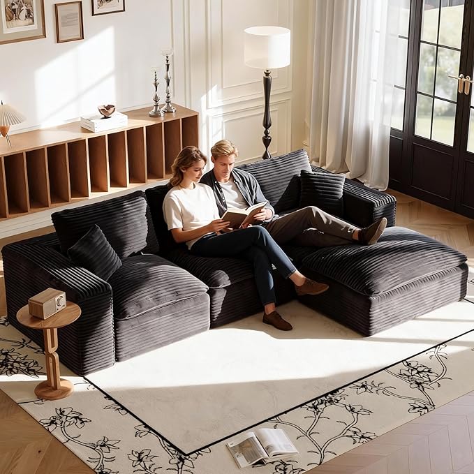 108'' Modular Sectional Sofa with Ottoman Corduroy Cloud Sectional Couches for Living Room High-Back Modern L Shaped Boneless Couch Deep Seat 3 Seater Sofa No Assembly Required Black