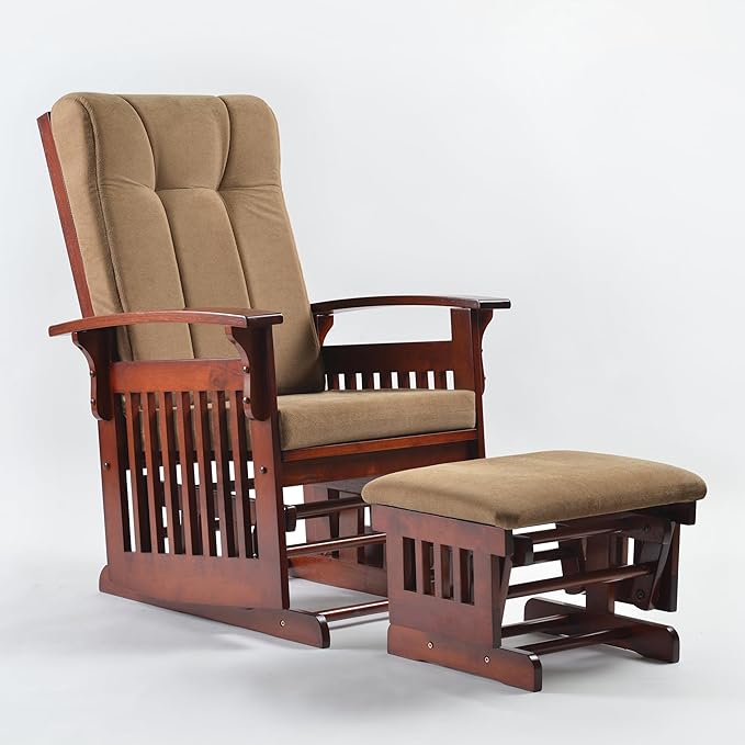 Solid Wood Glider Rocking Chair and Ottoman Set Rustic Nursery Glider Rocker with Padded Cushion Smooth Rocking Motion Indoor Living Room NursingNappingReading Coffee
