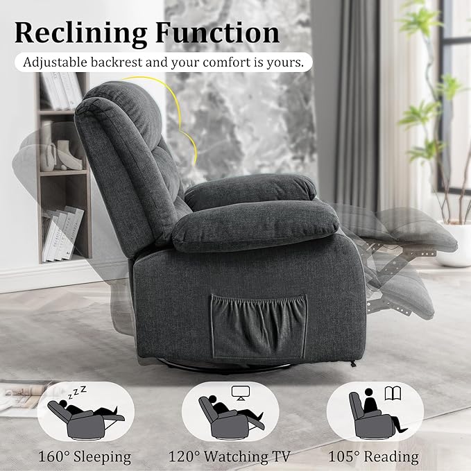 Recliner Chair Wide Rocker Chair Rocking Chair with Massage and Heat360°Swivel Nursery Rocking Chairs Oversized Recliner for Adults Cashmere Reclining Sofa for Living Room Grey