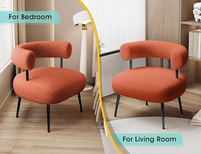 Mid Century Sherpa Boucle Accent Chair Round Upholstered Barrel Arm Chair for Small Spaces Fluffy Side Corner Sofa Chair for Living Room Bedroom Vanity Office Reading Nook（Orange）