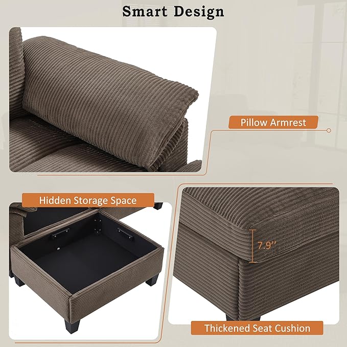 Merax 116.9 Modern U-Shaped Sofa Sectional Sofa Corduroy Upholstered Sofa Couch with Storage Ottomans Cup Holders and USB Ports for Living Room Brown