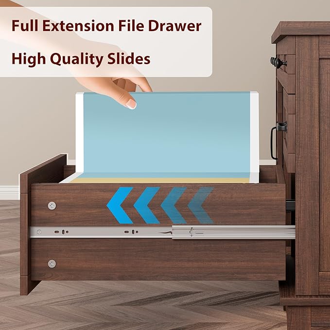 GarveeHome Executive Desk with File Drawers Farmhouse Home Office Desk with Charging Station 60 in Wooden Computer Desk with Cabinet Storage for Work Study Writing Walunt Brown