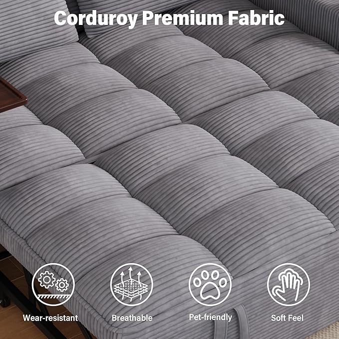 65'' Sleeper Sofa with Pull Out Bed 3 in 1 Convertible Sofa with Cup Holder and Storage Armrests Corduroy Loveseat with Swivel Table Adjustable Backrest &amp Charging Ports for Living Room Purple