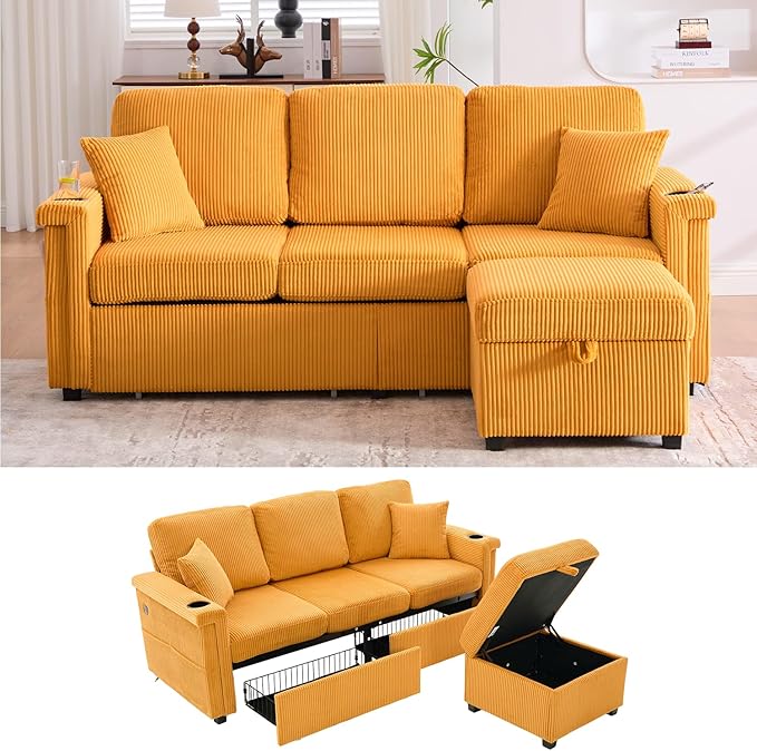 76'' Sectional Sofa Couches for Living Room 3 Seat L-Shaped Couch with Storage &amp Ottoman Corduroy Convertible Sofas with Chaise Apartment with USB Charging Cup Holder (Mustard Yellow)