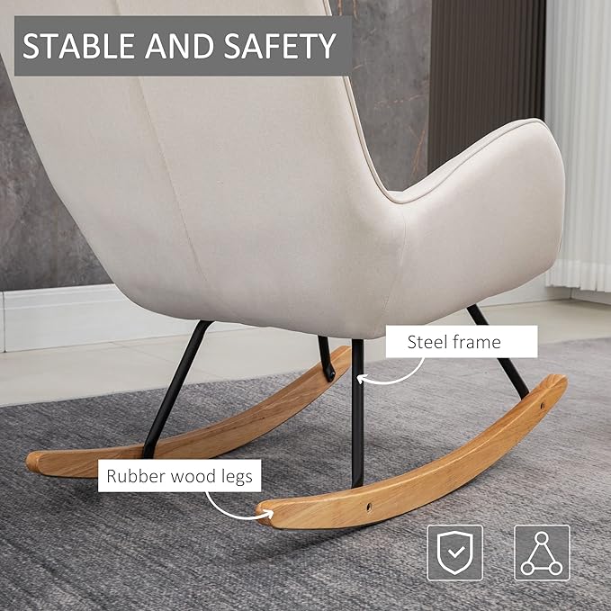 HOMCOM Mid-Century Fabric Rocking Chair Sofa Armchair Tufted Rocker Wingback Accent Chair with Padded Seat Rubber Wood Base for Home Studio Bedroom Living Room Cream White