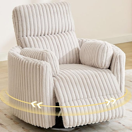Power Swivel Glider Rocking Recliner Nursery Chair with 2 Pillows Electric Rocker Reclining Chairs with Type-C &amp USB Charger Port for Living Room High Back Barrel Armchair for BedroomCorduroyB