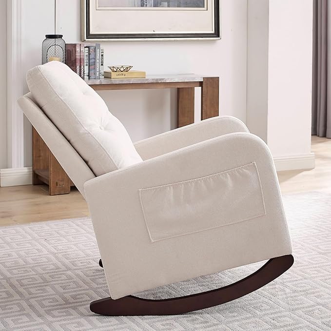 Modern Accent Tufted Rocking Chair High Backrest Living Room Lounge Arm Rocking Chair Two Side Pocket