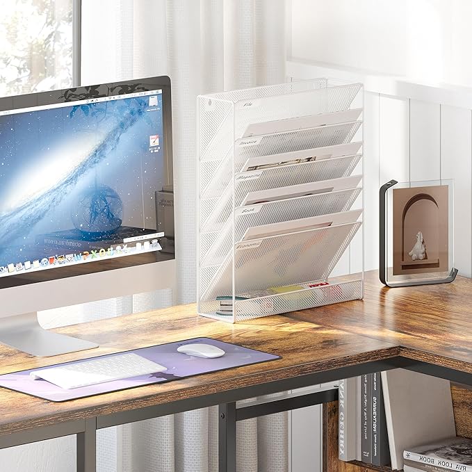 EasyPAG 5 Tier Wall File Holder Mesh Hanging Folder Organizer with Classify Label Versatile Desk File Holder Vertical Wall Mounted Mail Organizer for Office Home Cubicle White