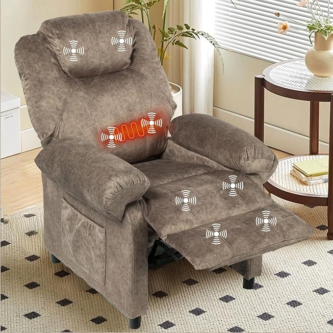 Pushback Massage Recliner Chair with Heat Fabric Heated Small Massaging Reclining Chair Single Sofa for Adults Overstuffed Push Back Manual Recliner for Living RoomBrown