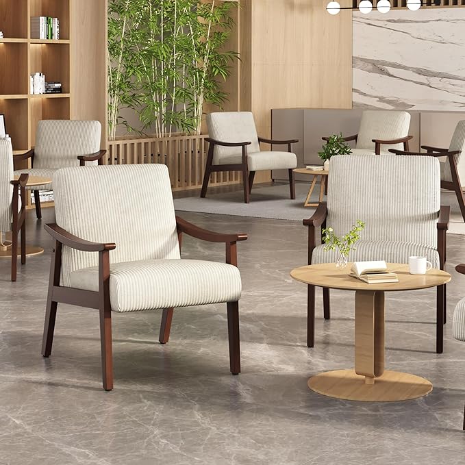 Yaheetech Corduroy Accent Chair Mid-Century Modern Armchair with Solid Wood Legs Reading Leisure Chair with High Back for Living Room Bedroom Waiting Room Set of 2 Beige