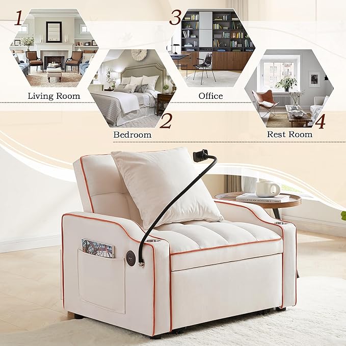 SLEERWAY 3-in-1 Convertible Futon Sofa Bed Chair Multi-Functional Sleeper Chair Bed with Pull Out Couch and Adjustable Backrest Modern Velvet Chaise Lounge Armchair for Living Room Bedroom Beige