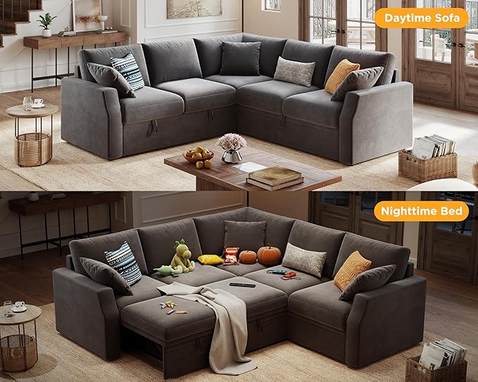 PaPaJet Sleeper Bed 85 Inch Oversized Sofa Bed with Storage Seat L Shaped Sofa Couch with Pull Out Bed Sectional Sofa for Living Room Apartment Linen Grey