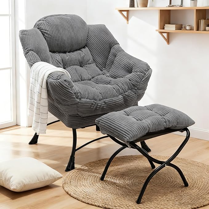Oversized Lazy Chair with Ottoman for Adults Chair and Ottoman Set Modern Skinny Lounge Chair with Footrest Wide Reading Chair for Living Room Comfy Accent Armchair for Small Spaces Dark Gray