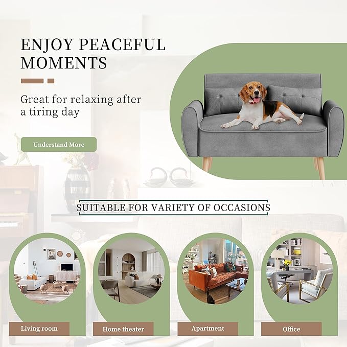 Vongrasig 47 Small Modern Loveseat Sofa Mid Century Linen Fabric 2-Seat Sofa Couch Tufted Love Seat with Back Cushions and Tapered Legs for Living Room Bedroom and Small Space (Light Gray)