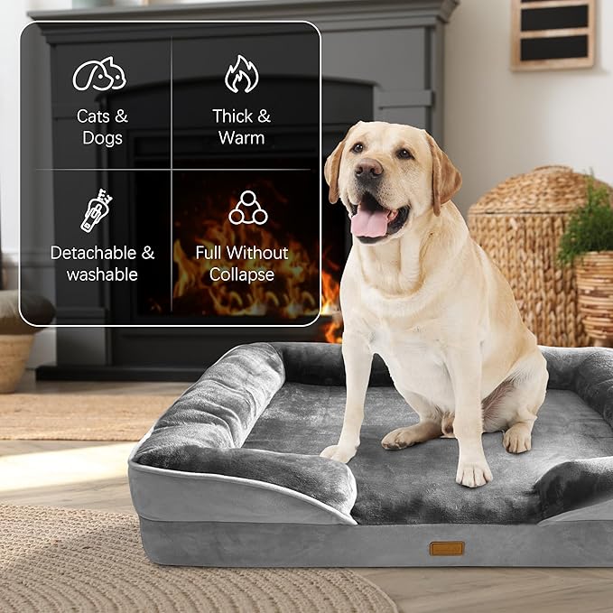 Orthopedic Dog Bed with Sides - Dog Sofa Beds for Extra Large Dogs Supportive Foam Pet Couch Bed with Washable Removable Cover Waterproof Lining and Non-Slip Bottom Grey - XL