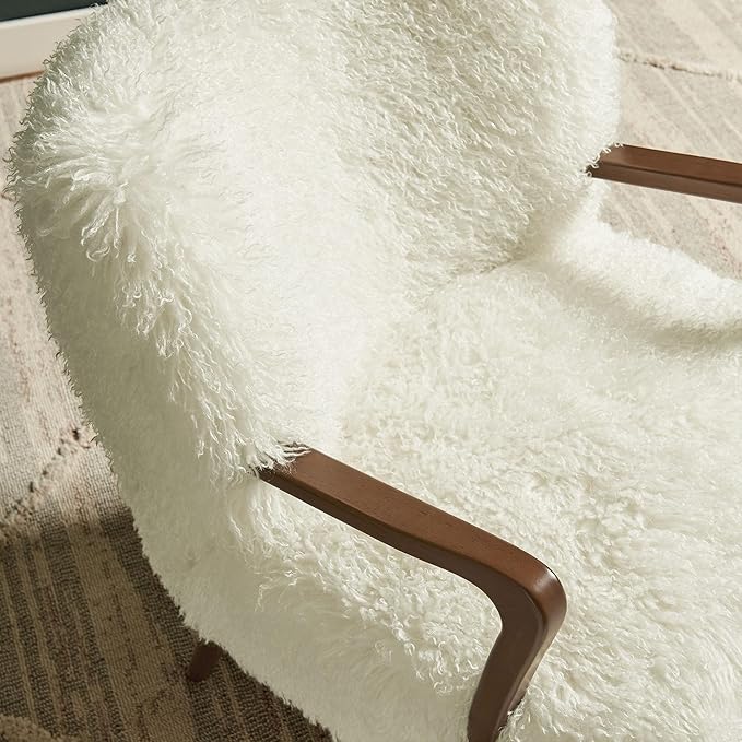 Modway Zerra Upholstered Faux Shearling Lounge Chair in White – Mid-Century Modern Accent Armchair with Wood Frame – Fuzzy Fabric Single Sofa Chair