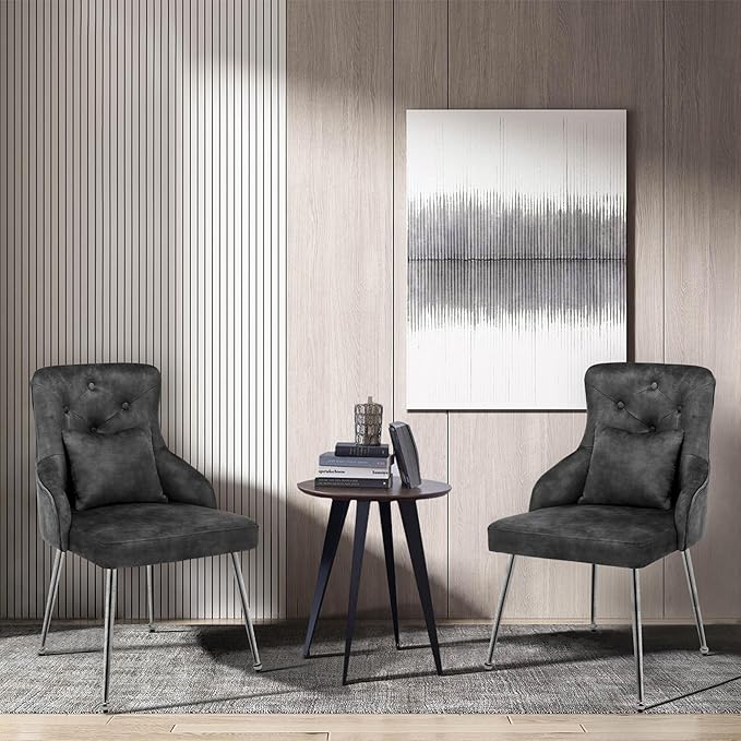 Velvet Vanity Chairs Upholstered Makeup Accent Reading Chair Office Desk Vanity Stool Chairs with Metal Legs for Kitchen Bedroom Living Room Dark Grey