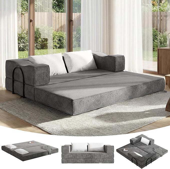 80 Foldable Chenille Futon Sofa Bed 4-in-1 Convertible Couch with 2 Pillows King-Size Floor Lounger for Living Room Guest Room Dorm - No Assembly (Gray 80in)