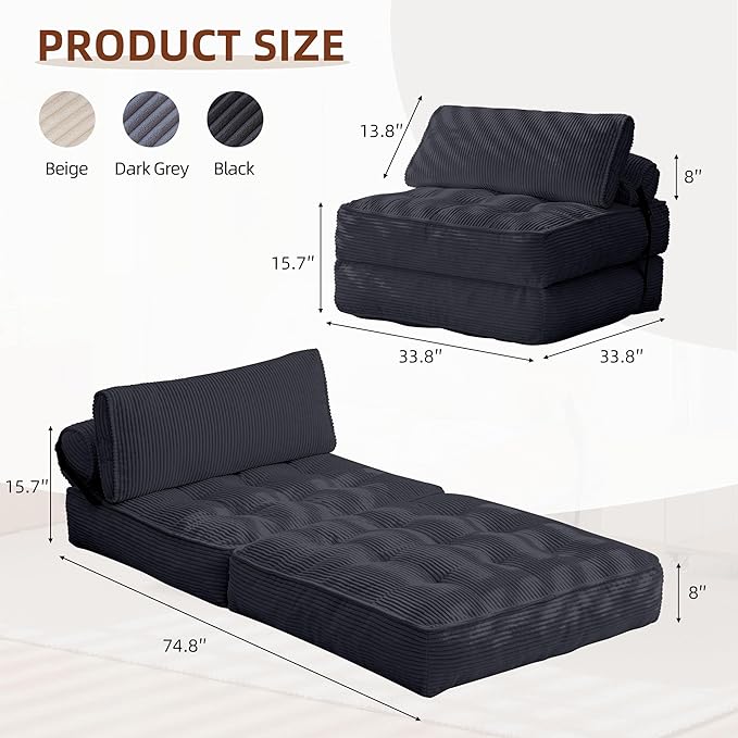 GYUTEI Folding Sofa Bed Convertible Sleeping Chair with Backrest Support and Soft Corduroy FabricFold Couch Bed with Pillow for Small Spaces/Living Room/Bedroom/Apartment Single SizeBlack