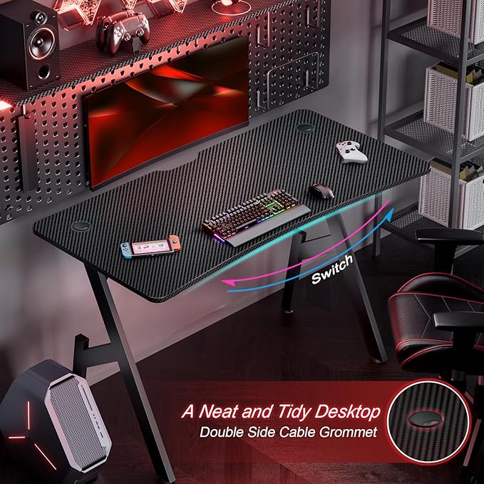 HLDIRECT 47 Inch Gaming Desk Large Computer Gaming Desk Table with Cable Management Ergonomic Carbon Fiber Gamer Table Pc Work Home Office Desks with Cup Holder &amp Headphone Hook &amp Mouse Pad