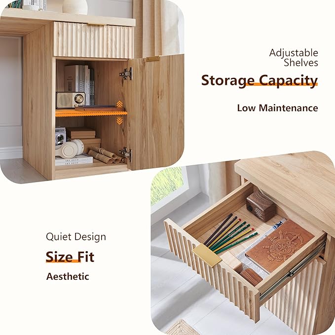 JXQTLINGMU 60 Modern Executive Desk with Storage Wood Home Office Desk with Drawer &amp Cabinet Fluted Computer Writing Desk for Study Living Room Bedroom Oak