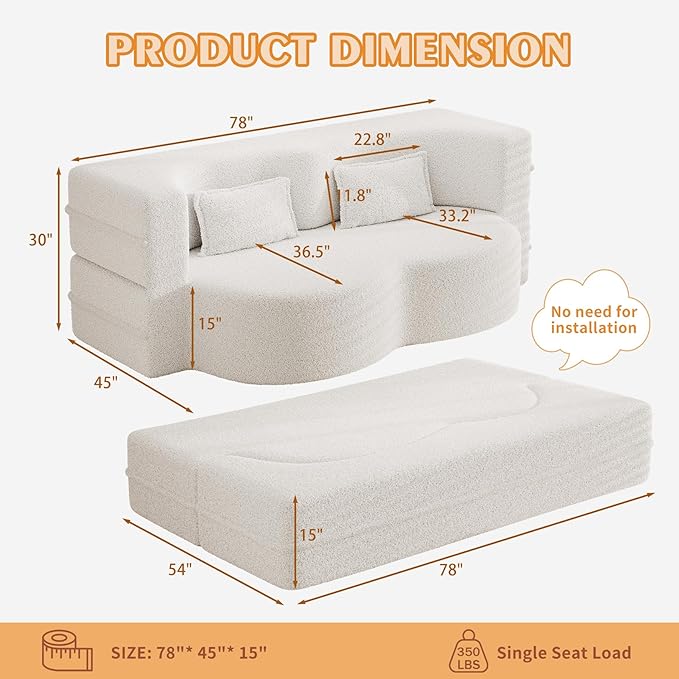 78 Teddy Folding Floor Sofa Couch BedConvertible Folding Sofa Bed Full Size Love Seat Sleeper Bed Floor Sofa Bed with 2 Pillows for Living Room Apartment Office (Beige)