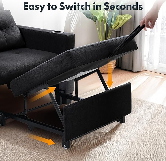 FLEXISPOT XCT2 Sleeper Chair Convertible Pull Out Bed W/Adjustable BackrestSofa Bed Chair 3 in 1 w/USB Port Cup Holders for Living Room Apartment Small Space (Black)