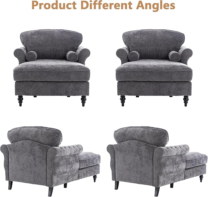 Setawix Chenille Upholstered Chaise Lounger Sleeper Sofa ChairOversized Chaise Lounge Chair Indoor with Rolled ArmsMid Century Modern Lounger Couch for Living Room Bedroom (Dark Grey 43.3 W)