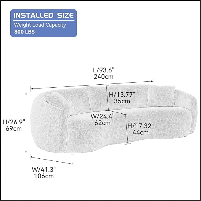 Curved Couch 93.6 4-Seater Modern Boucle Sectional Sofa Comfy Cloud Upholstered 4 Seat Leisure Cushion Sofa with Pillows for Living Room Bedroom Office Apartment Orange
