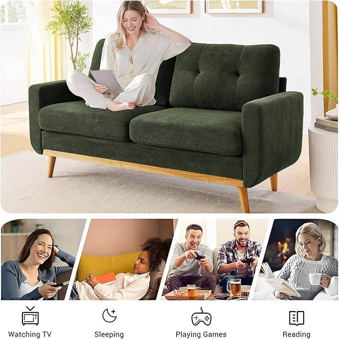 68“ Mid Century Modern Loveseat Sofa for Small Living Room Rraditional 2 Seater Couch for Office Apartment Bedroom Mini|Small|Vintage|Wood Frame|Chenille Fabric|600 LBS|Tufted (Saga Green)