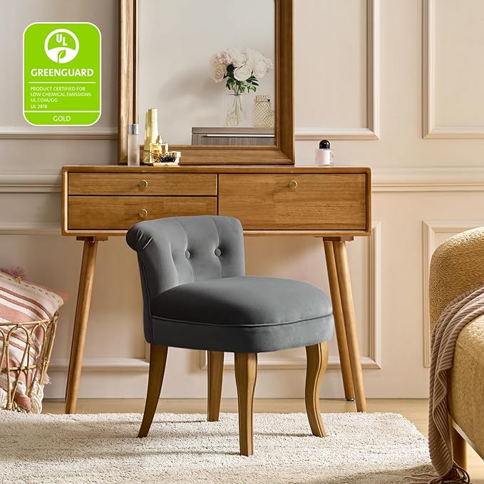 HULALA HOME Velvet Vanity Stool with Low Back Modern Vanity Chair with Solid Wood Legs Small Upholstered Makeup Chair Home Decor for Bedroom Living Room Dressing Table Women Girls Grey
