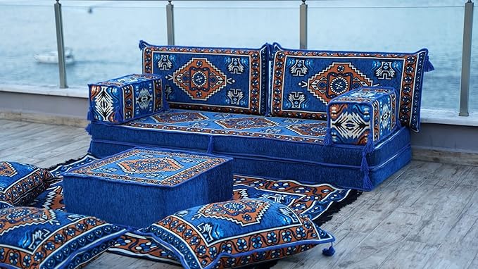 arabicsofa 8 Inch Thick Royal Blue Arabic Floor Cushion – Handmade Modular Majlis Seating with Backrest Pillows