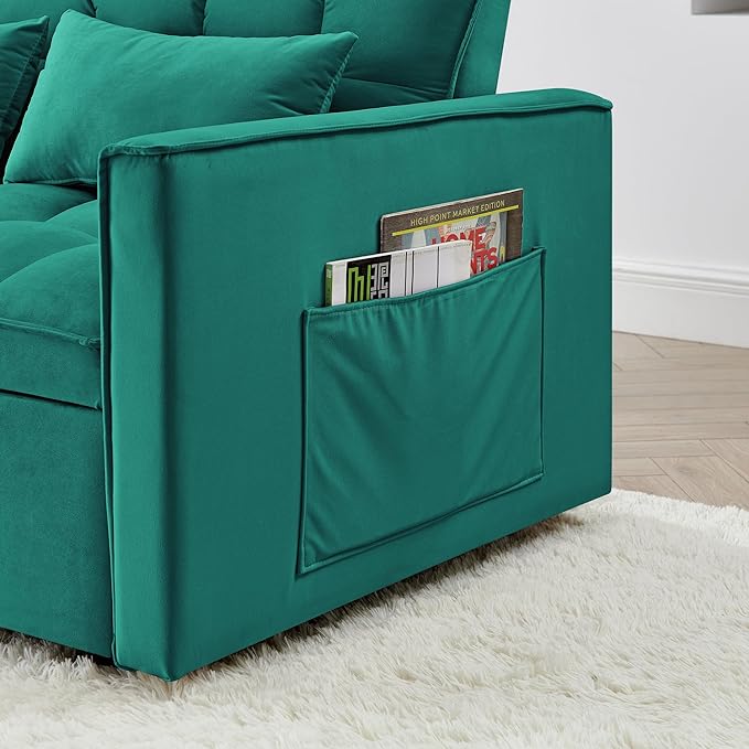 KEIKI 54.33 Pull-Out Sofa Couch Bed 2 in 1 Convertible Velvet Sleeper Sofa with Adjustable Back for Apartment Living Room Antique Green