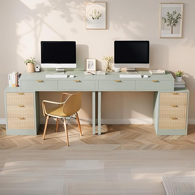 Tribesigns Computer Desk with 5 Drawers Reversible Small Writing Desk with Storage Modern Wooden Study Corner Table Workstation for Home Office Small Spaces Mint Green