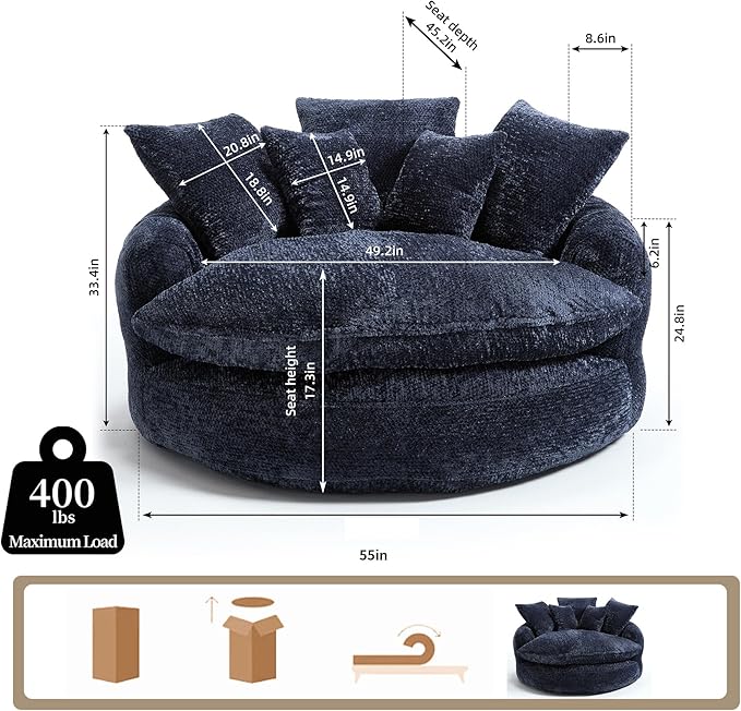 55 inch Oversized Round Chair Fluffy Chenille Boneless Sofa with Extra Deep Seat for Living Room Lounge (Blue)