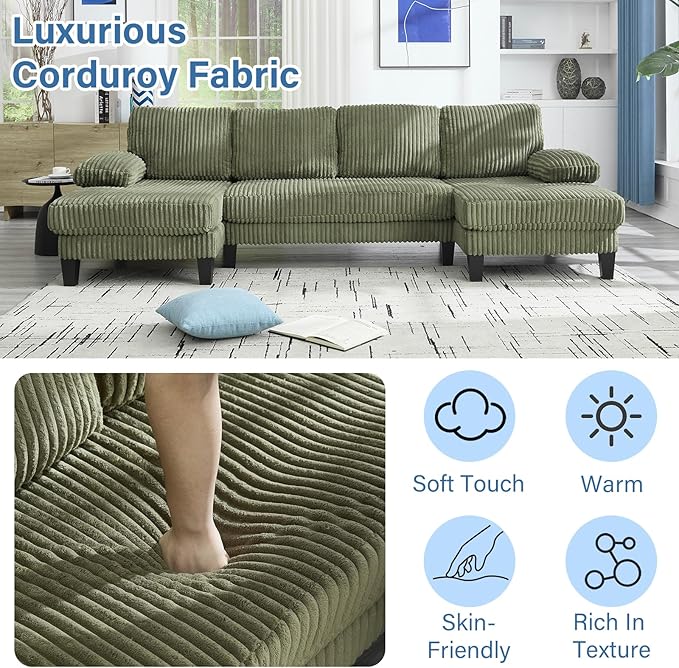 Sectional Couches for Living Room 114 Cloud Couch Modular Sofa Convertible U Shaped Couchs with Double Chaise 4-Seat Deep Seats Corduroy Sleeper Sofas for Home Furniture Green