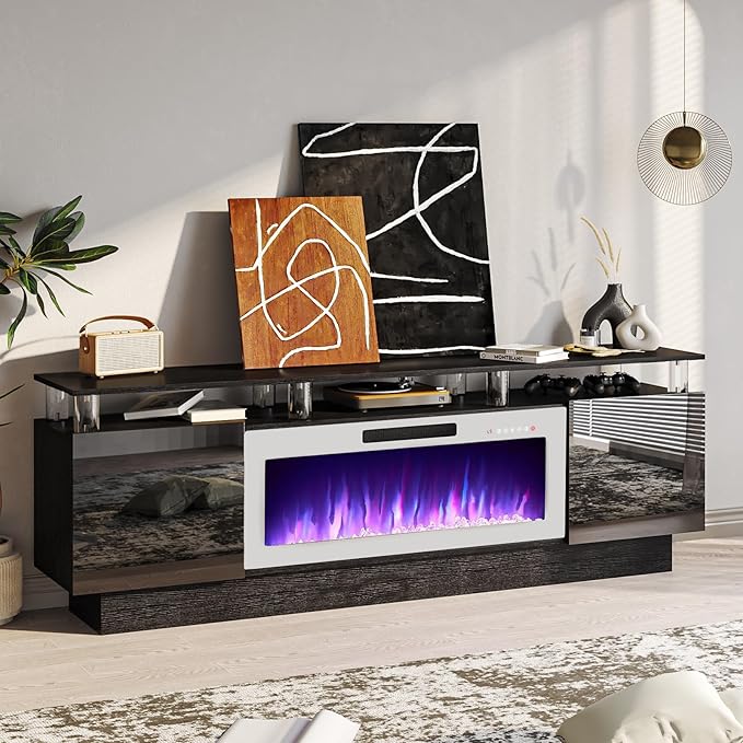 70 Modern Fireplace TV Stand with 36 Electric Fireplace for TVs Up to 80 inch Luxury LED Light Entertainment Center with High Gloss Cabinet (Black with White Fireplace 70 (8 Acrylic Posts))