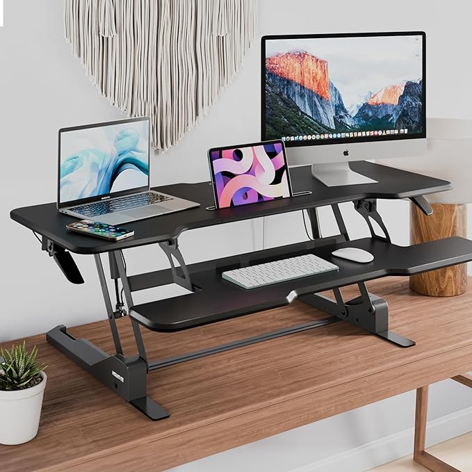 Mount-It! 47 Standing Desk Converter XL Desktop Sit-Stand Desk Riser with Gas Spring Height Adjustment Wide Desk Topper for Dual Monitors or Monitor &amp Laptop Keyboard Tray Black
